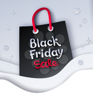 Vector paper cut art style illustration of Black Friday sale shopping bag and white layered shapes background.