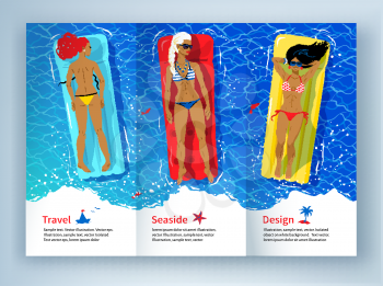 Leaflet design with vector illustration of three young women floating on pool rafts and sunbathing in water.