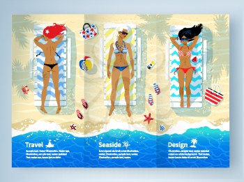 Leaflet design with vector illustration of three young women lying on the beach near sea surf.