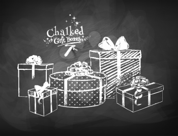 White chalk vector sketches of gift boxes on black chalkboard background. 