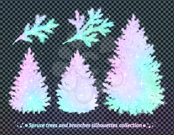 Vector collection of Christmas spruce trees and branches silhouettes in pastel stains vivid colors with glitter on transparency background. 