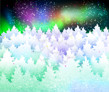 Christmas winter landscape background with northern lights and icy frozen spruce forest with glitter. 