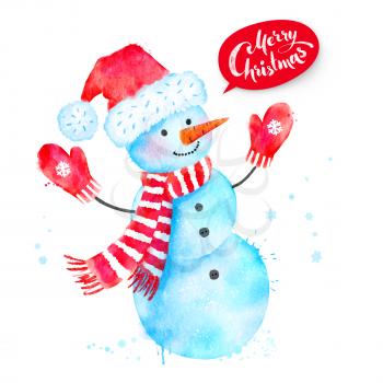 Christmas watercolor illustration of Snowman wearing santa hat, scarf and mittens with paint splashes.