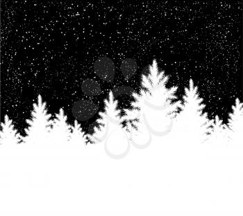 Black and white Christmas trees landscape background with falling snow, spruce forest silhouette. 