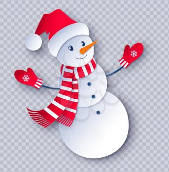 Vector cut paper art style illustration of cute Snowman character wearing santa hat transparency background.