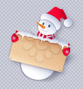 Vector paper cut style illustration of cute Snowman character with wooden signboard with copy space isolated on transparency background.
