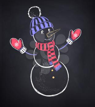 Vector chalked illustration cute snowman wearing knitted hat, scarf and mittens on black chalkboard background.