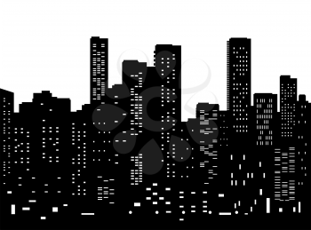 Seamless horizontal vector black and white background of modern cityscape silhouette with night lights.