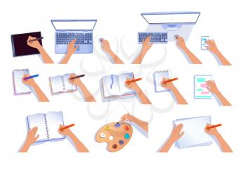 Vector collection of hands with computers and notebooks isolated on white background.