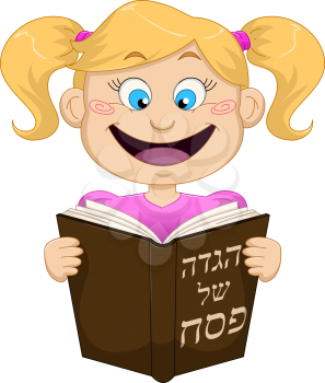 Vector illustration of a girl reading from Haggadah on Passover.