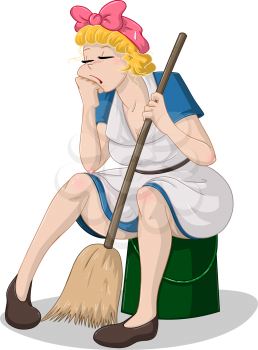 Vector illustration of a tired cleaning lady sitting on a bucket.