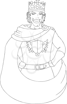 Vector illustration coloring page of a young king wearing a crown and smiling.
