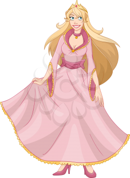 Vector illustration of a princess in pink yellow dress and crown.
