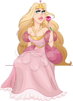 Vector illustration of a princess sitting and smelling a pink rose.