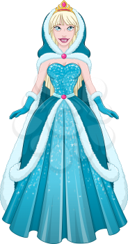 Vector illustration of a snow princess queen in blue dress cloak and hood.