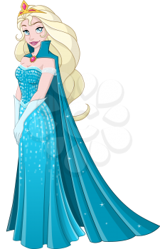 Vector illustration of a snow princess queen in blue dress and cape.