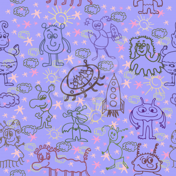 Vector graphic, artistic, stylized image of Alien Happy Cute Monsters Seamless Pattern Background
