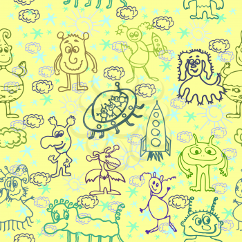 Vector graphic, artistic, stylized image of Alien Happy Cute Monsters Seamless Pattern Background