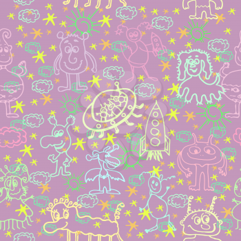 Vector graphic, artistic, stylized image of Alien Happy Cute Monsters Seamless Pattern Background