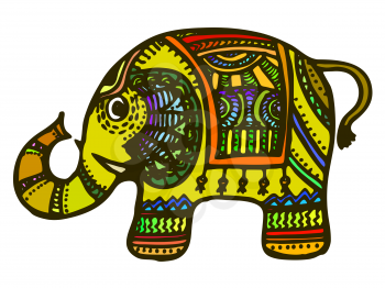 hand drawn, cartoon, sketch illustration of  Indian decorative elephant