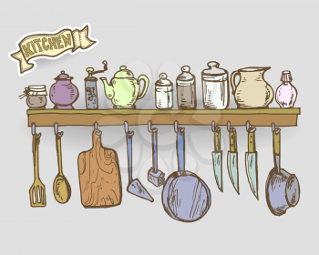 Vector graphic, artistic, stylized shelf with utensils.
