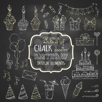 Vector chalk garlands and balloons, music notes, gift boxes, party blowouts, cakes and candies, birthday pie, party hats and other doodles design elements on blackboard background.