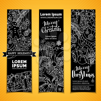 Three vertical templates for your festive design. Christmas decorations and hand-lettering. There are places for your text. Black and white illustration.