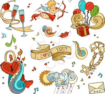 Cupid, balloons, music notes, clouds, sun, key and lock, chain, kiss,  letter, ribbon, ring, glass of wine, swirls.