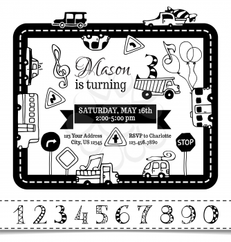 Hand-drawn doodles cars and road signs. Traffic frame. There is place for your text in the center. Coloring book template. You can use numbers for your invitation design.