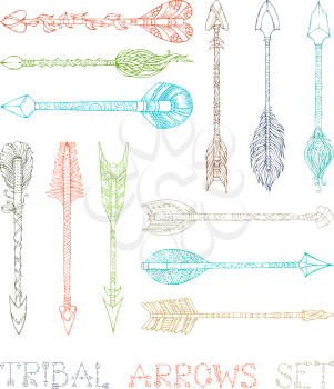 Hand-drawn ethnic decorative elements in boho style isolated on white background. Traditional old hunting weapon for your design.