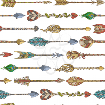 Hand-drawn coloured horizontal ethnic arrows. Boho and hippie style illustration. Ethnic boundless background.