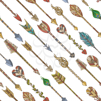 Set of hand-drawn diagonal tribal arrows on white background. Boho style illustration. Decorative boundless background.