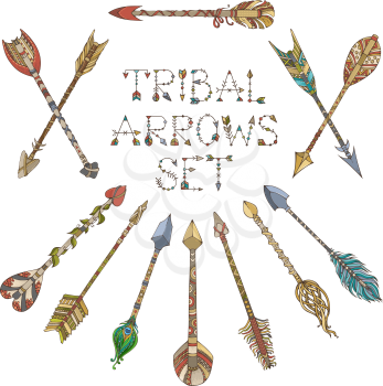 Hand-drawn ethnic collection isolated on white background. Decorative arrows for your design. Hippie and boho style illustration.