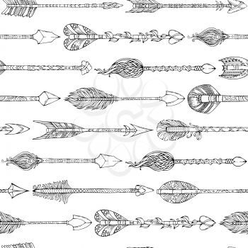 Hand-drawn native ethnic arrows. Boho and hippie style illustration. Tribal black and white boundless background.