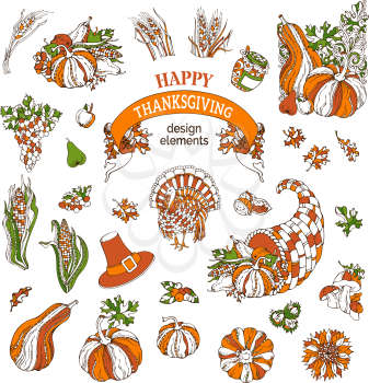 Traditional festive symbols isolated on white background. Turkey, horn of plenty, pilgrim's hat, pumpkin, corn, wheat, sunflower, autumn leaves and others.