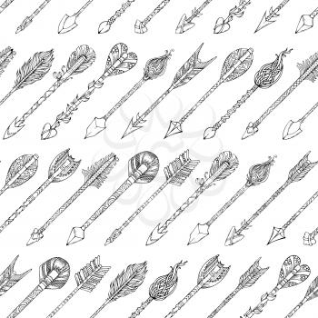 Hand-drawn ethnic arrows. Boho and hippie style illustration. Native tribal black and white boundless background.