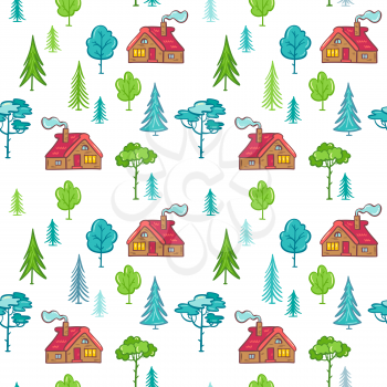 House in the woods, trees and bushes. Bright boundless background for your forest design.