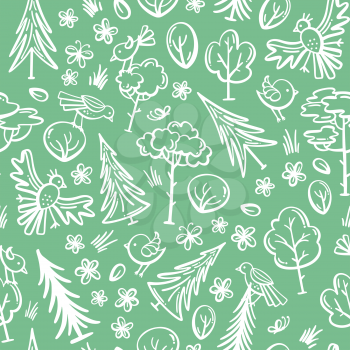 Outlined trees, bushes, birds and flowers. Duotone boundless background for your summer design. Linear elements.
