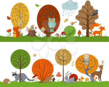 Hare, fox, beaver, squirrel, deer, raccoon, owl, hedgehog, mushrooms and flowers made in cartoon style. Autumn weather. Falling leaves.