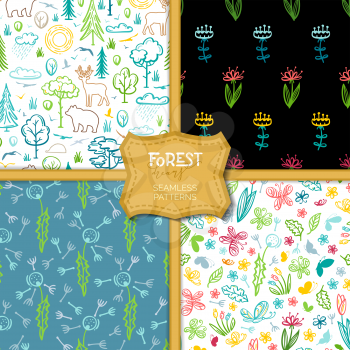 Linear trees and bushes, wild deer and bear, flowers and butterflies. Bright boundless backgrounds for your design.