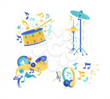 Musical instruments and audio listening illustrations set. Percussion, drum cymbals and snare flat drawing. Modern headphones isolated clipart. Play, stop music app icons. Jazz musician playing sax