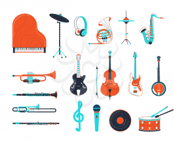 Acoustic and electric musical instruments illustrations set. Guitar, grand piano, banjo isolated design elements. Trumpet, saxophone, flute woodwind instruments. Retro music record and microphone