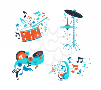 Percussion musical instruments flat illustrations set. Drum cymbals and classical snare flat drawing. Modern headphones isolated clipart. Play, stop music playing app icons. Jazz musician silhouette