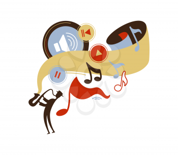 Saxophonist playing jazz music flat vector illustration. Audio recording app icons. Play, stop, volume control buttons. Blues performer using saxophone retro drawing. Musician with musical instrument