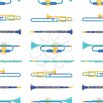 Brass and windwood instruments vector seamless pattern. Clarinet, flute, trombone, trumpet texture. Classical orchestra music instruments. Musical performance, jazz festival, symphony background