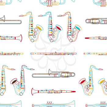 Brass instruments hand drawn outline seamless pattern. Clarinet, flute, saxophone line art texture. Colored contour woodwind instruments on white background. Jazz music festival textile design