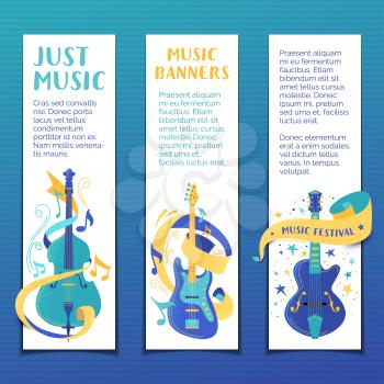 Music festival hand drawn banner templates set. Classical concert, musical festival poster. Strumming instruments cartoon sketch. Jazz performance colorful, vibrant vertical flyer with copyspace