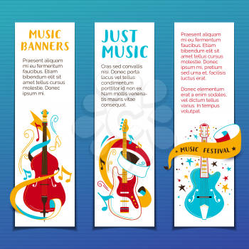 Musical concert hand drawn vector banner template set. Jazz festival, classical performance retro poster. Strumming instruments cartoon illustration. Rock music invitation flyer with copyspace