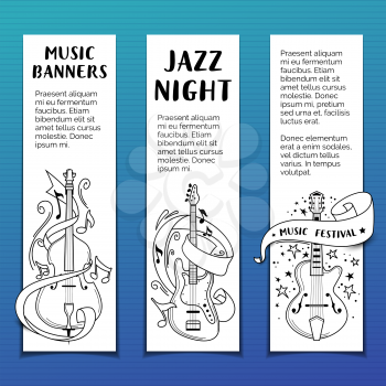 Jazz night hand drawn vector banners template set. Live music concert black and white minimalist poster design layout with copyspace. String instruments outline sketch with lettering