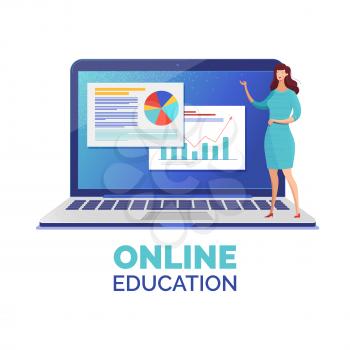 Online education web banner flat vector template. Stock market analysis, data statistics and analytics online course. Female educator offering Internet lesson cartoon character. Distance classes